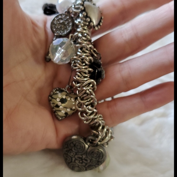 Silvertone stretch bracelet charms crystals beads dangles hearts keys  findings - Picture 7 of 7